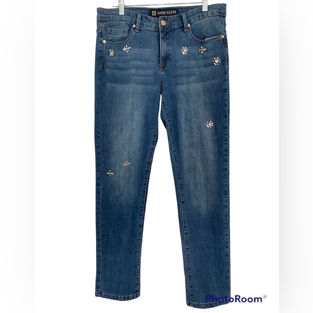 Anne Klein Girlfriend Mid Rise Stretch Rhinestone Women’s Jeans Size 6